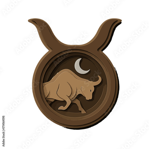Earth-toned taurus symbol with crescent moon design in papercut style
