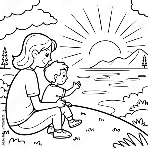 Mother and child sitting on a hill watching the sunrise over mountains and water