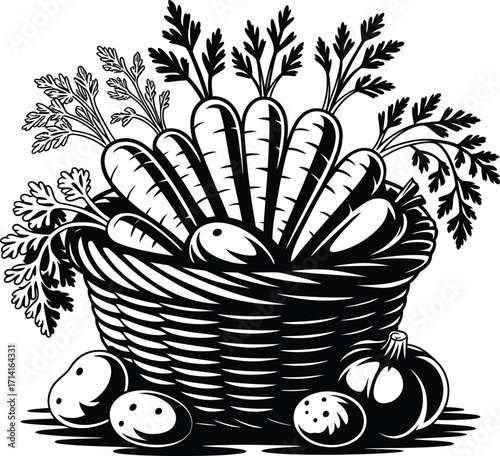 Black and White Vector Illustration of a Basket Overflowing with Freshly Harvested Vegetables