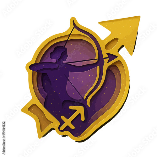 Sagittarius zodiac art with archer in paper cut style on golden background