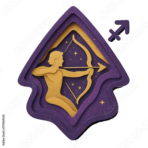 Layered paper art of sagittarius archer with celestial stars in abstract design