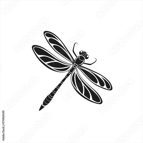 Stylized black and white dragonfly silhouette with intricate wing details