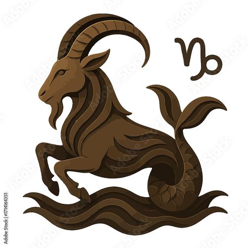 Elegant capricorn design with stylized sea goat and zodiac symbol in monochromatic brown