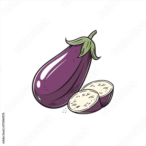 Illustration of a whole eggplant with two sliced pieces on a white background