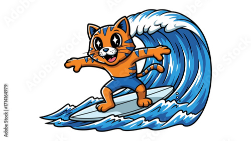 Cat on Surfboard: An adventurous cartoon cat gracefully rides a cresting wave on a surfboard, capturing the thrill and spirit of summer fun and coastal enjoyment.