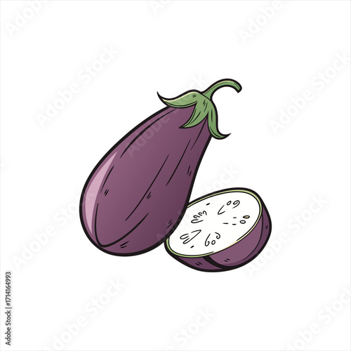 Illustration of a whole eggplant and a sliced eggplant on a white background