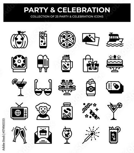 Party & Celebration Icons. 25 Unique Vector Graphics for Festive Designs