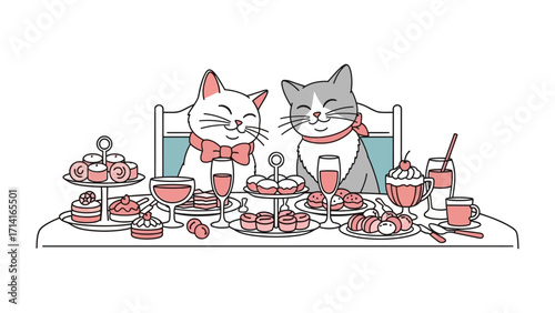 Cute Cats Cafe: In a charming illustration, two adorable cats enjoy a delightful cafe experience, surrounded by delicious treats, capturing a sense of joy and companionship.