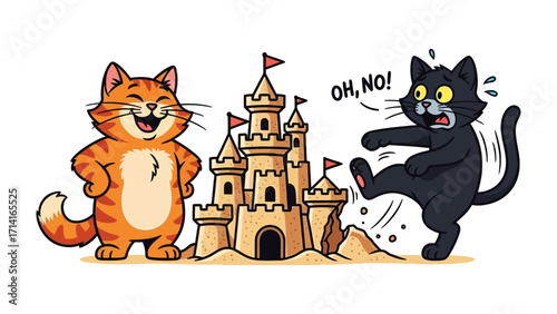 Cats and sandcastle: A mischievous cartoon cat kicks over a sandcastle as another cat reacts with shock. The image is vibrant, playful, and perfect for illustrating concepts of destruction and humour.