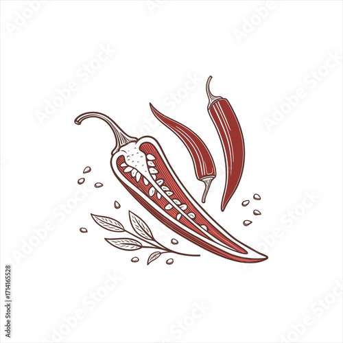 Illustration of a sliced red chili pepper with seeds and whole peppers