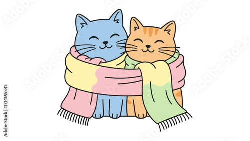 Cozy Cats: A pair of cartoon cats snuggle warmly under a colorful scarf, exuding a sense of comfort and affection. Perfect for designs emphasizing companionship.