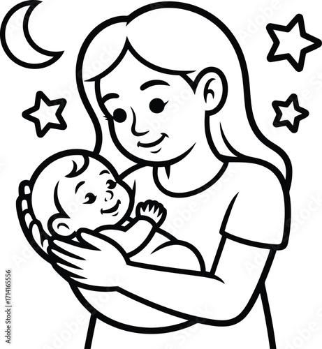 Loving mother gently holding her happy baby under a starry night sky and crescent moon
