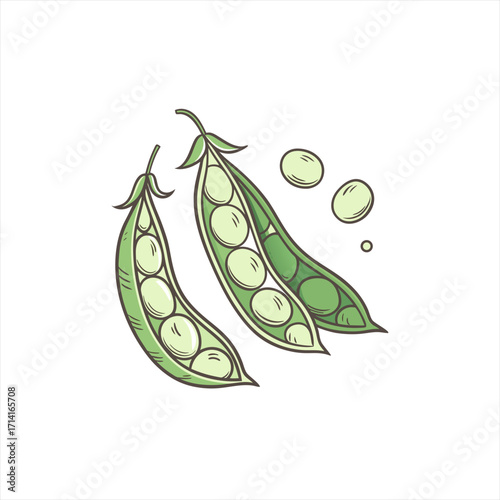 Fresh green pea pods with peas scattered around on white background