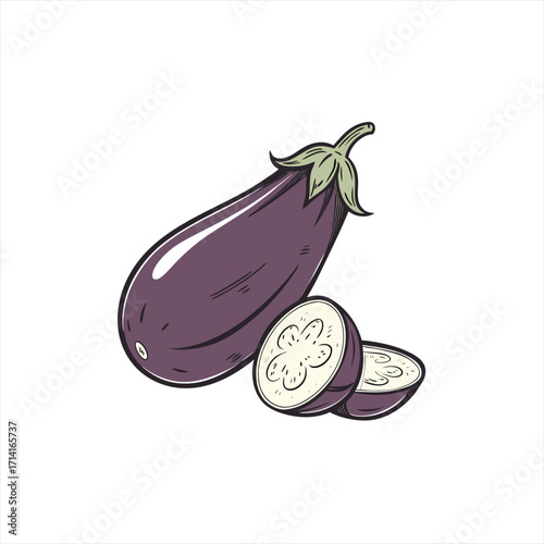Illustration of a whole eggplant and two sliced pieces on a white background