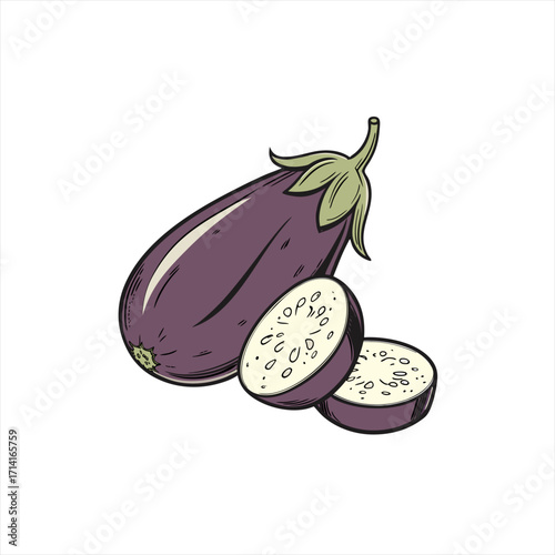 Illustration of a whole eggplant and two sliced pieces on a white background