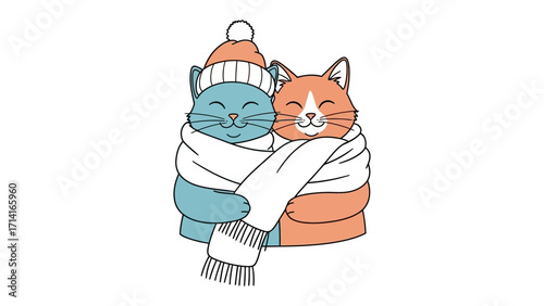 Cozy Kitten Comfort: Two charming cartoon kittens snuggle together, wrapped in a warm scarf and winter hat, emanating feelings of warmth and togetherness.