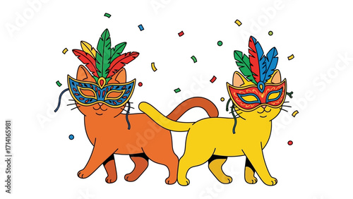 Joyful Masked Cats: Two whimsically dressed cats, adorned with vibrant masks and festive feathers, stroll playfully amid a confetti shower.