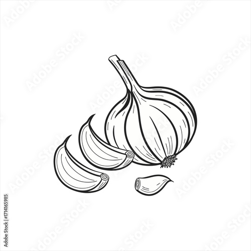 Black and white illustration of a garlic bulb with cloves