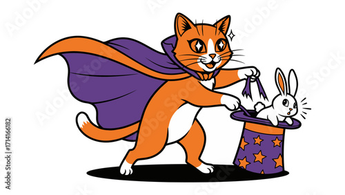 Magic cat pulling rabbit: An orange and white cartoon cat, dressed in a cape, conjures up a rabbit from a hat, symbolizing illusion and magic.