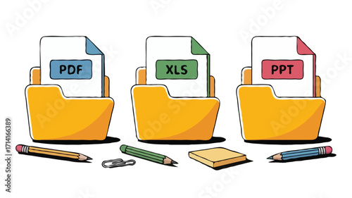 Colorful Vector File Type Icons with Office Stationery Elements