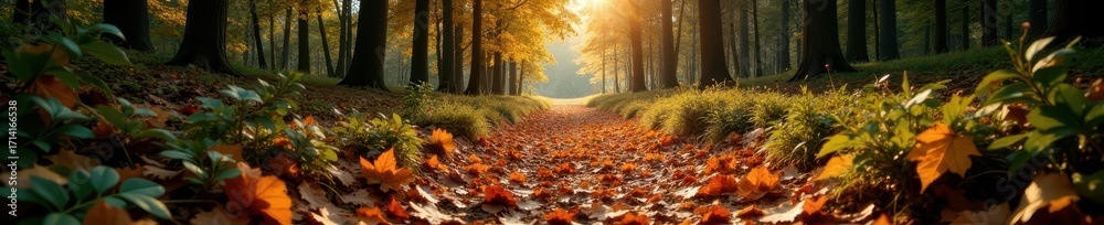 Obraz premium Fallen leaves carpet a secluded forest track in Sweden, fall, nature