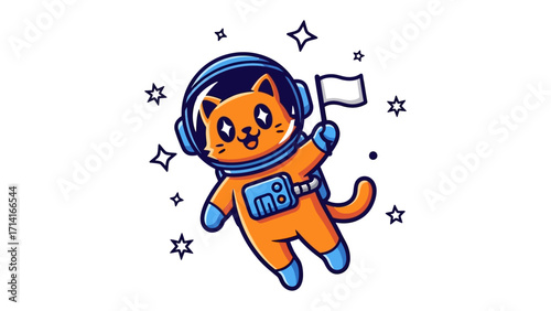Cosmic Cat Astronaut: A whimsical illustration of a cat astronaut in space, holding a flag, floating amidst shimmering stars, embodying the spirit of adventure and exploration.