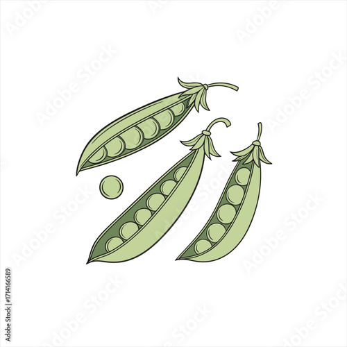 Three open pea pods with peas and one loose pea on a white background