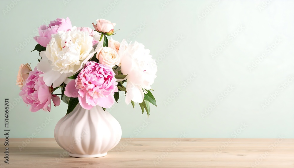 Obraz premium Delicate bouquet of pastel peonies in a vase