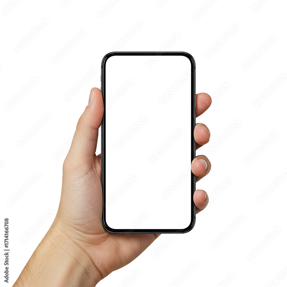 Hand Holding Smartphone with Blank White Screen on Transparent Background