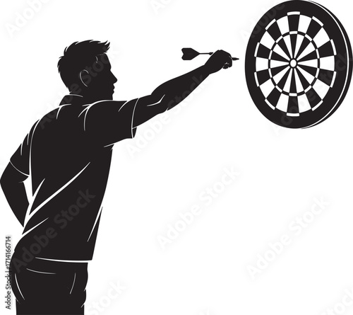 Dart Player Silhouette Throwing Dart at Dartboard Target Sport Game Competition Skill Precision