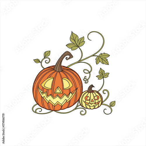 Two carved halloween pumpkins with vines and leaves on a white background