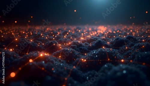 Abstract technology network with interconnected nodes and data streams, dark background with neon accents, modern digital design .
