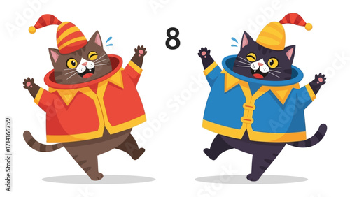 Cheerful Cat Clowns: Two whimsical, cartoon cats in playful clown costumes dancing happily, rendered in a delightful, cartoonish art style, perfect for conveying fun and joy. 
