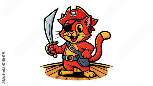 Captain Cat Adventure: An adventurous cartoon cat in a vibrant pirate attire, brandishing a gleaming sword and sporting an eye patch, stands poised on a wooden deck.