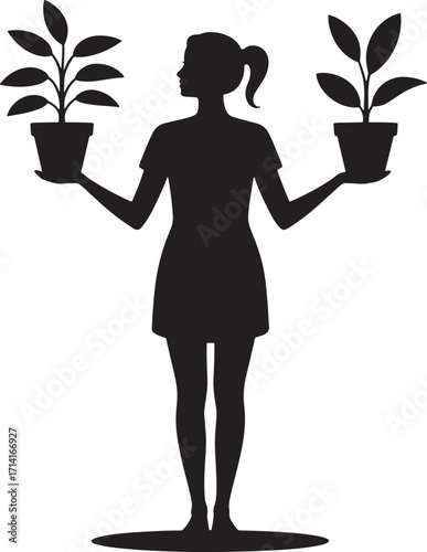Woman Silhouette Holding Potted Plants Gardening Hobby Greenery Nature Growth Cultivation