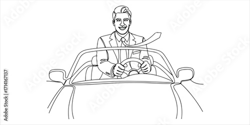 Happy corporate businessman driving an imaginary car continuous single line art drawing sketch on white background