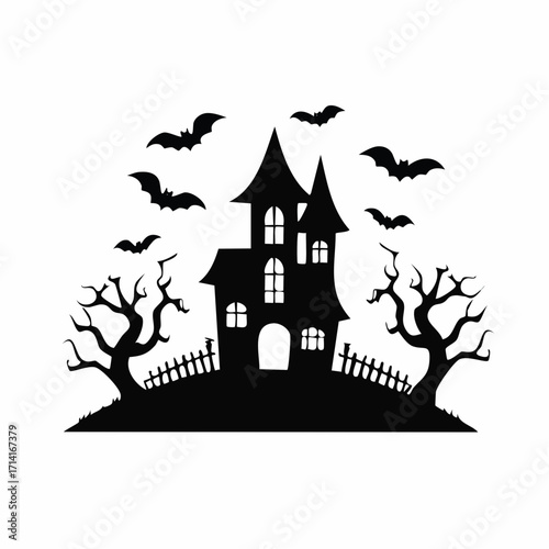 Spooky haunted house silhouette with bats for Halloween designs and creative projects this fall season