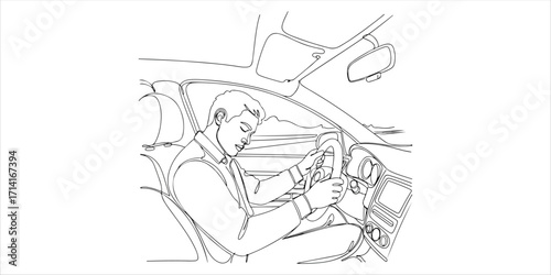 Man falling asleep while driving his car continuous single line art drawing sketch on white background