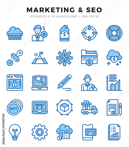 Set of simple Two Color Marketing & SEO Icons. Two Color art icons pack.