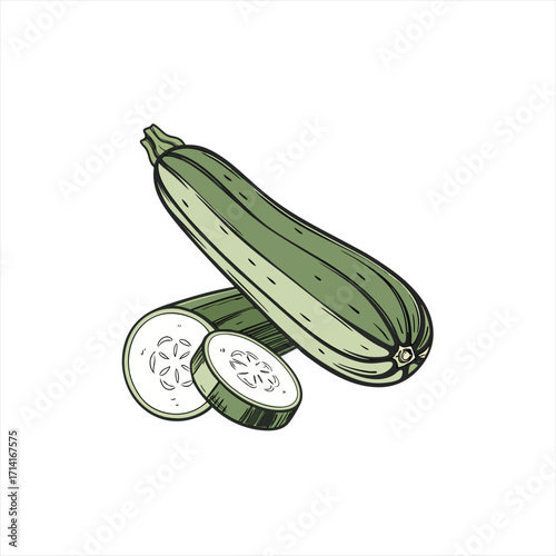 Hand drawn illustration of fresh zucchini with slices on white background