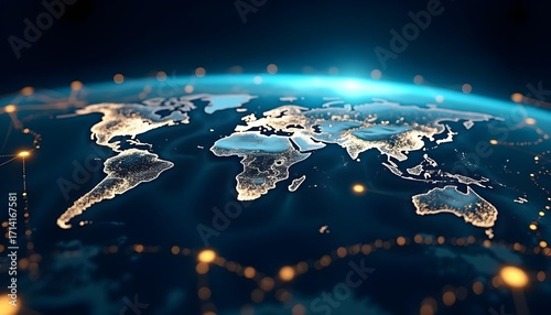Abstract technology network with interconnected nodes and data streams, dark background with neon accents, modern digital design .
