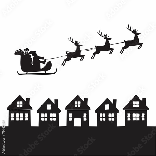 Santa's silhouette soars with reindeer over houses, delivering holiday joy and spreading Christmas magic