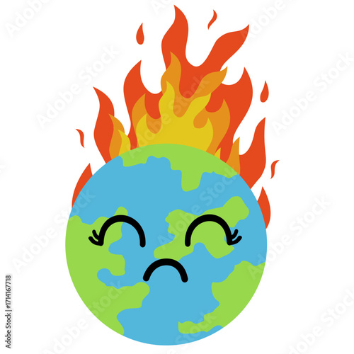 Illustration of Burning Earth With a Sad Face