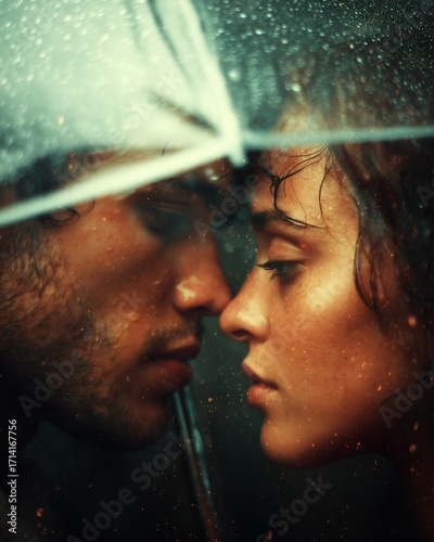 Portrait of a young couple standing close under a transparent umbrella in the rain with water drops on surface.