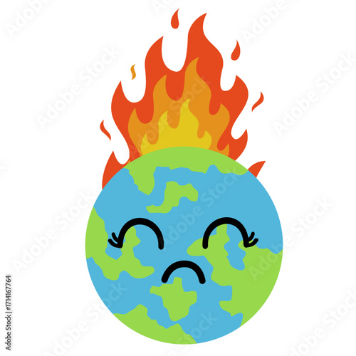 Illustration of Burning Earth With a Sad Face