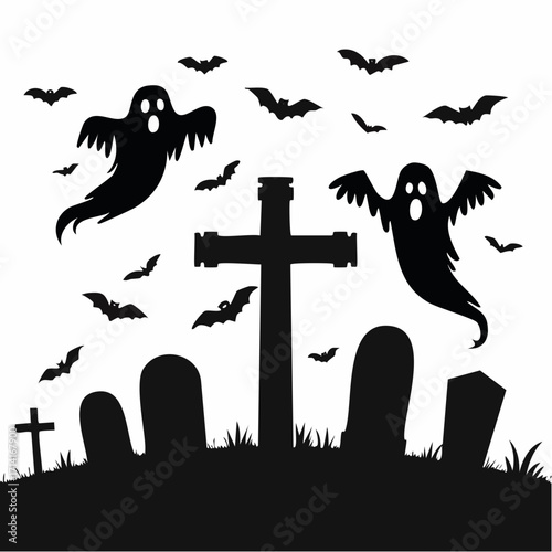 Spooky Halloween night scene with ghosts, bats, tombstones in silhouette for festive designs