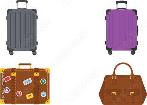 Travel luggage set, suitcase illustration, handbag vector, vintage suitcase design, modern trolley bag clipart, vacation baggage icons, journey travel accessories