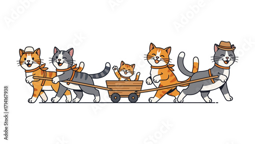 Whimsical Cat Caravan: A delightful illustration of five playful cats pulling a wooden cart, showcasing teamwork and joy in a charming, animated style.