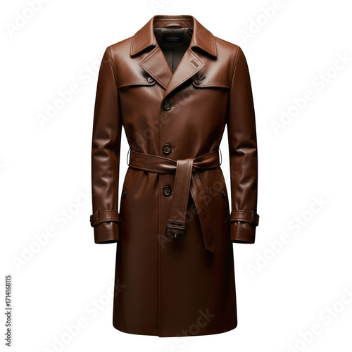 Elegant brown leather trench coat for men premium quality classic fashion outerwear isolated on transparent background