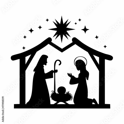 Elegant nativity scene silhouette with stars, a timeless vector graphic for Christmas themes and designs